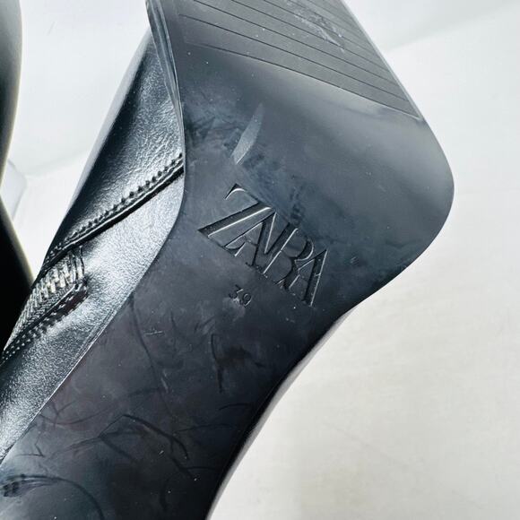 Zara Black Pointed Toe Ankle Boots 39 High Heel Zip Up Stud Trim Sleek Edgy - Picture 8 of 11